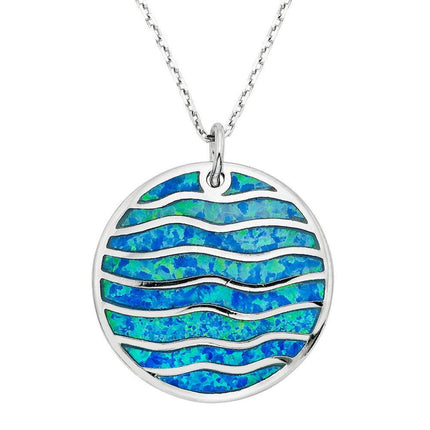 Sterling Silver Blue Inlay Opal Wavy Design Pendant ,