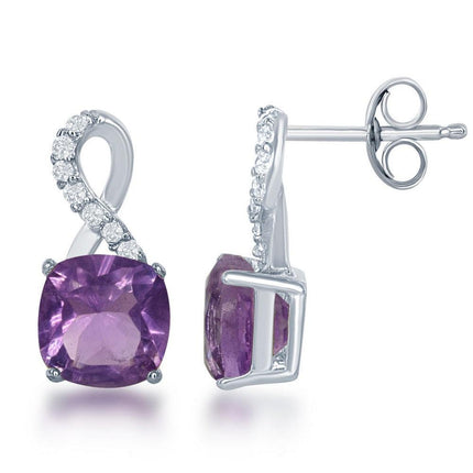 Sterling Silver Purple Square Amethyst Earrings ,