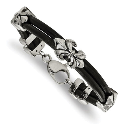 Stainless Steel Polished Antiqued Fleur De Lis Black Leather Bracelet ,
