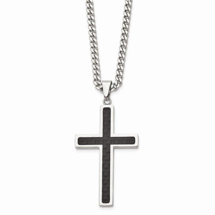 Stainless Steel Polished w/Black Carbon Fiber Cross 24in Necklace ,