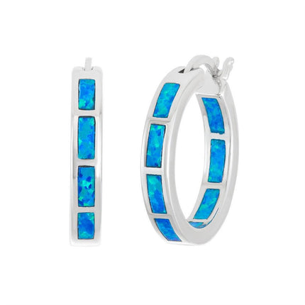 Sterling Silver Blue Inlay Opal Hoop Earrings ,