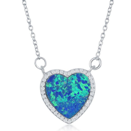 Sterling Silver Blue Inlay Opal Heart with CZ Border Necklace ,