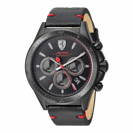 Ferrari Men's Chronograph Watch - Pilota Black Dial Black Leather Strap | 830434 ,