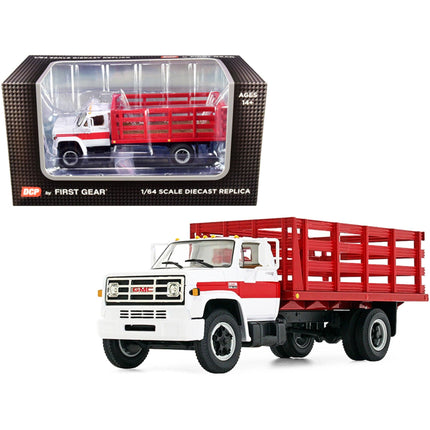 First Gear 1/64 Diecast Model Stake Truck - DCP GMC 6500 White and Red Rubber Tire ,