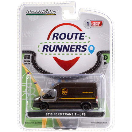 Greenlight 1/64 Scale Diecast Model Van - 2019 Ford Transit High Roof Brown UPS ,