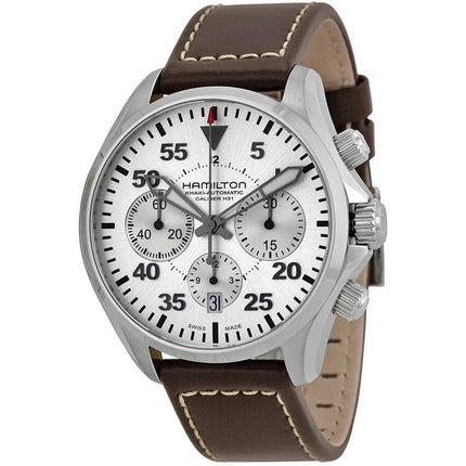 Hamilton Men's Watch - Khaki Aviation Chrono Silver Dial Brown Strap | H64666555 ,