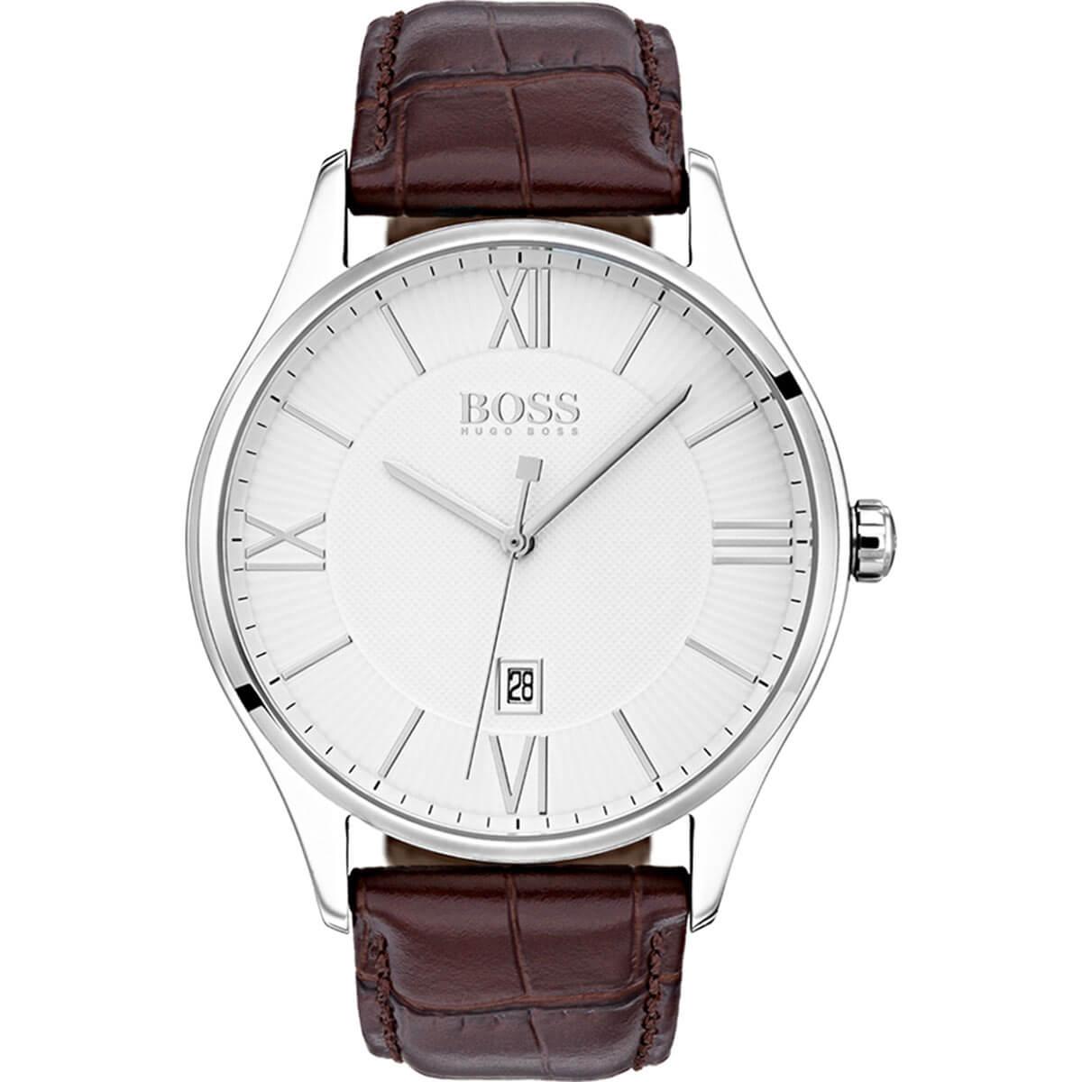 Hugo Boss Men's Quartz Watch - Governor White Dial Brown Leather Strap