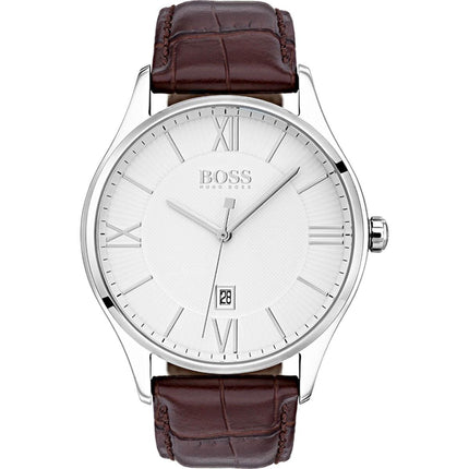 Hugo Boss Men's Quartz Watch - Governor White Dial Brown Leather Strap | 1513555 ,