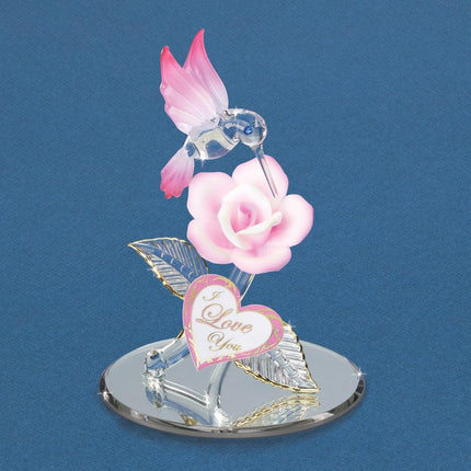 I Love You Pink Hummingbird and Rose Glass Figurine ,