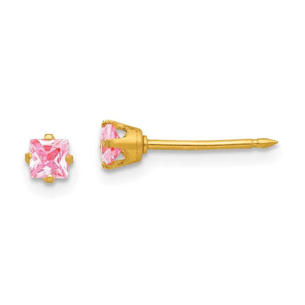 Inverness 14k 3mm Square Pink CZ Post Earrings ,
