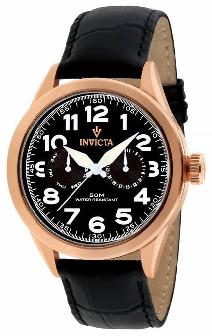 Invicta 11742 Men's Vintage Black Dial Rose Gold Steel Black Leather Strap Watch ,