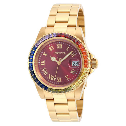 Invicta 20023 Women's Angel Crystal Accented Bezel Burgundy Dial Yellow Gold Steel Dive Watch ,