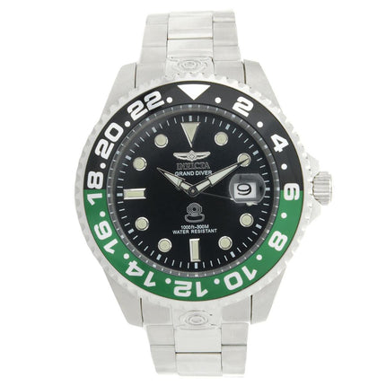 Invicta 21866 Men's Grand Diver Black & Green Accented Bezel Steel Bracelet Automatic Dive Watch ,
