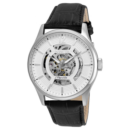 Invicta 22594 Men's Objet D Art White & Silver Skeleton Dial Black Leather Strap Automatic Watch ,