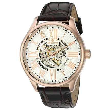 Invicta Men's Automatic Watch - Vintage Leather Strap Semi-Skeleton Silver Dial ,