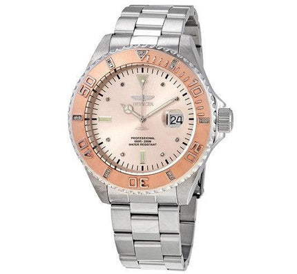 Invicta Men's Diamond Watch - Pro Diver Date Rose Gold Dial Silver Bracelet | 17309 ,