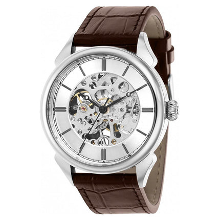 Invicta Men's Mechanical Watch - Vintage Silver Tone Case Brown Leather Strap | 38170 ,