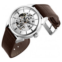 Invicta Men's Mechanical Watch - Vintage Silver Tone Case Brown Leather Strap | 38170 ,