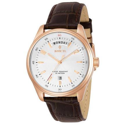 Invicta Men's Quartz Watch - Vintage Day-Date Silver Dial Brown Leather Strap | 31259 ,