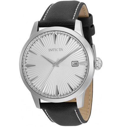 Invicta Men's Quartz Watch - Vintage Silver Dial Black Genuine Leather Strap | 36244 ,