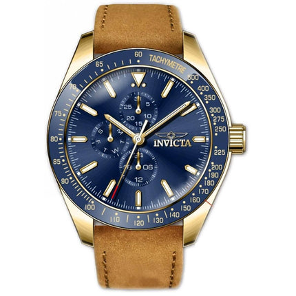 Invicta Men's Watch - Aviator Yellow Gold Case Blue Dial Brown Leather Strap | 38983 ,