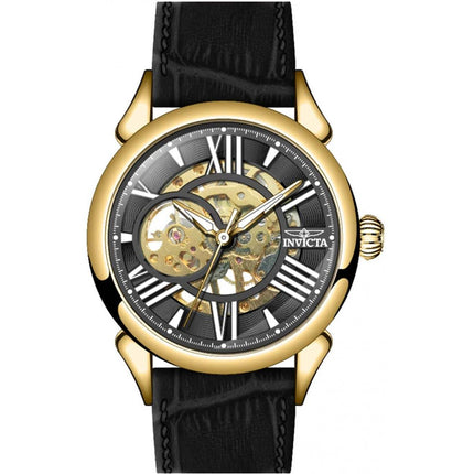 Invicta Men's Watch - Vintage Black and Gold Tone Semi Skeleton Dial Strap | 38163 ,