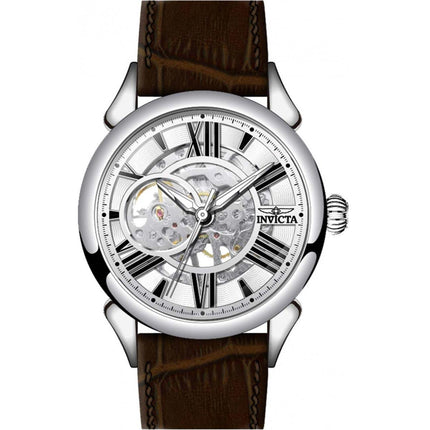 Invicta Men's Watch - Vintage Silver Tone Semi Skeleton Dial Leather Strap | 38160 ,