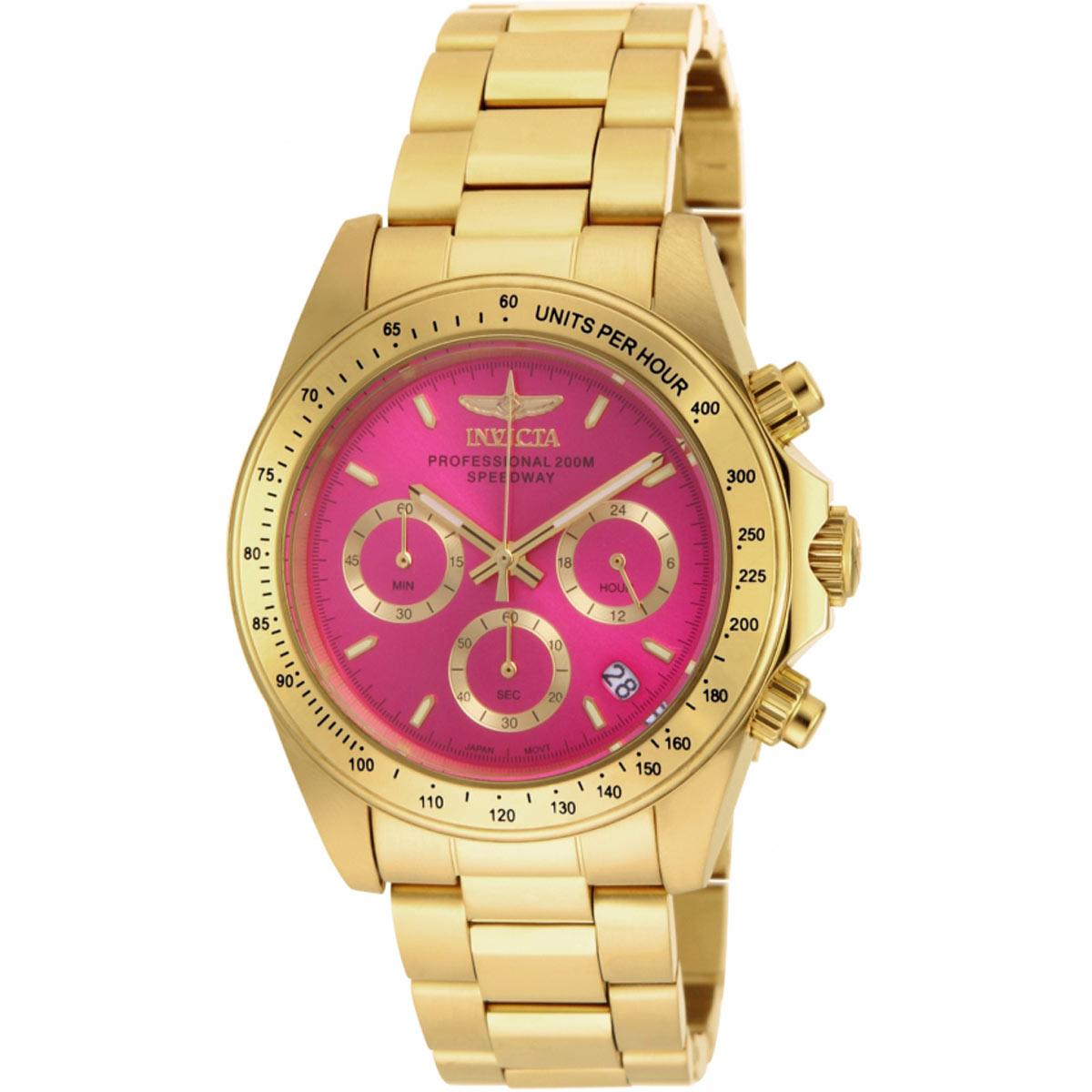 Invicta Women's Chronograph Watch - Speedway Pink Dial Yellow Gold