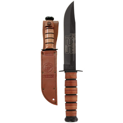 KA-BAR Knife - USMC 125TH Anniversary Fixed Clip Point Blade Leather Handle | 9226 ,