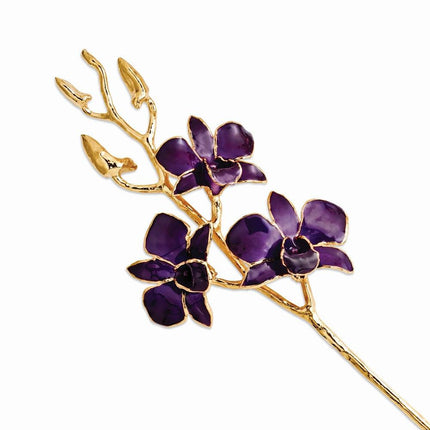 Lacquer Dipped Gold Trimmed Purple Dendrobium Orchid Stem ,