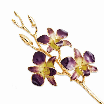 Lacquer Dipped Gold Trimmed Purple/Yellow Dendrobium Orchid Stem ,