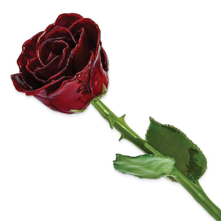 Lacquer Dipped Natural Burgundy Rose w/Green Leaves & Stem ,