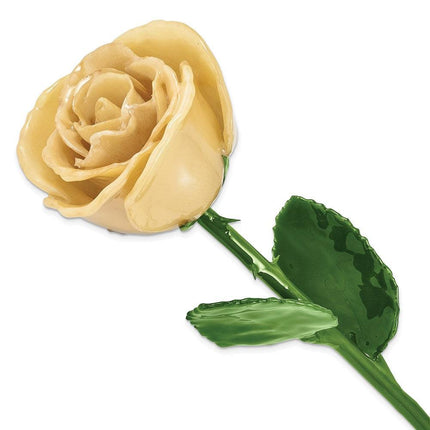 Lacquer Dipped Natural Cream Rose w/Green Leaves & Stem ,
