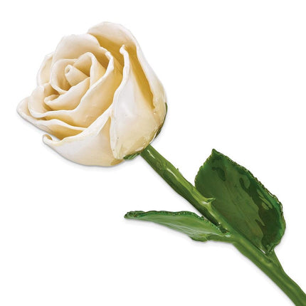 Lacquer Dipped Natural Cream/White Rose w/Green Leaves & Stem ,