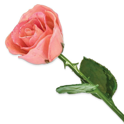 Lacquer Dipped Natural Pink Rose w/Green Leaves & Stem ,