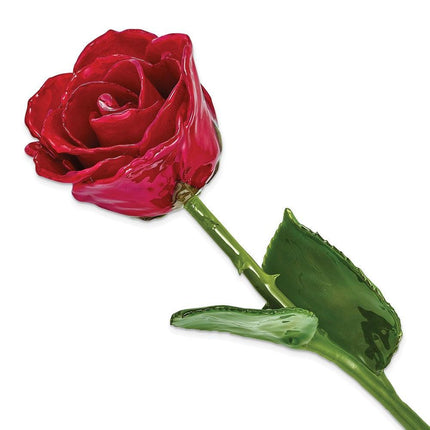 Lacquer Dipped Natural Red Rose w/Green Leaves & Stem ,