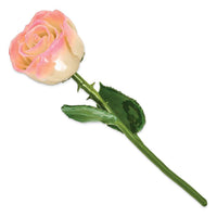Lacquer Dipped Natural White/Pink Rose w/Green Leaves & Stem ,