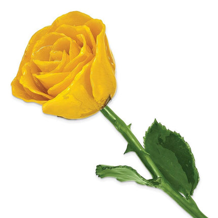 Lacquer Dipped Natural Yellow Rose w/Green Leaves & Stem ,