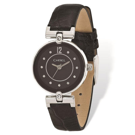 Ladies Chisel Black Dial Black Leather Watch ,