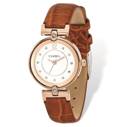 Ladies Chisel IP Rose-plated White Dial Brown Leather Watch ,