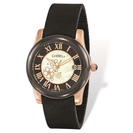 Ladies Chisel Rose IP-plated Floral Dial Black Strap Watch ,