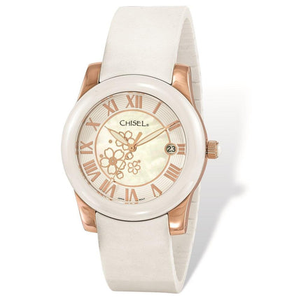 Ladies Chisel Rose IP-plated Floral Dial White Strap Watch ,