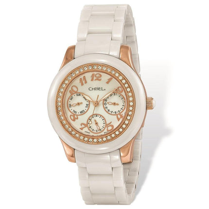 Ladies Chisel Rose IP-plated White Dial Ceramic Watch ,