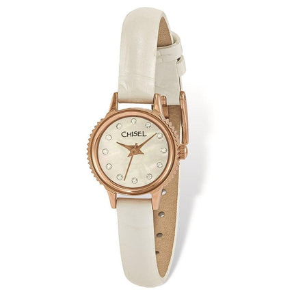 Ladies Chisel Rose IP-pltd Stainless Steel Wht Lthr Strap Watch ,