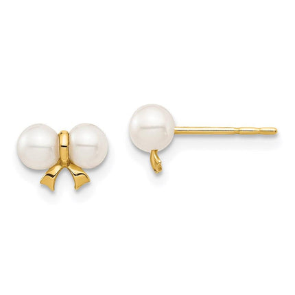 Madi K Kid's 14k 3-4mm White Round FW Cultured Pearl Bow Post Earrings ,