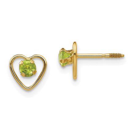 Madi K Kid's 14k 3mm Peridot Birthstone Heart Earrings ,