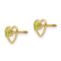 Madi K Kid's 14k 3mm Peridot Birthstone Heart Earrings ,