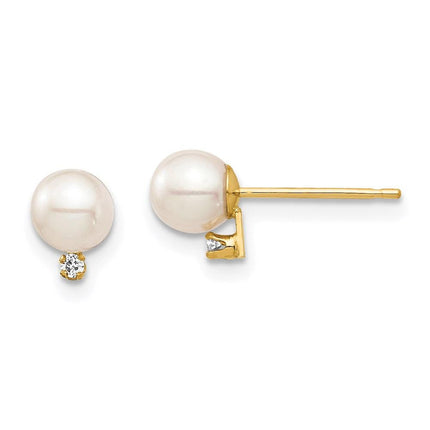 Madi K Kid's 14K  4-5mm White Round FW Cultured Pearl .02ct Diamond Post Earrings ,
