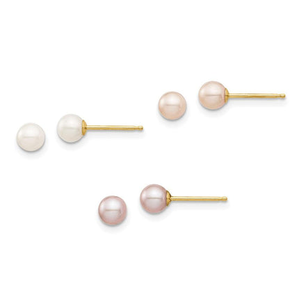 Madi K Kid's 14K 4-5mm White/Pink/Purple Round FWC Pearl Post Earrings Set ,
