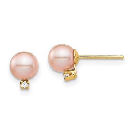Madi K Kid's 14K 5-6mm Pink Round FW Cultured Pearl .02ct Diamond Post Earrings ,